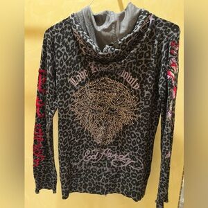 Ed Hardy Leopard Hoodie Skull Zip Rhinestone Tiger Y2K M